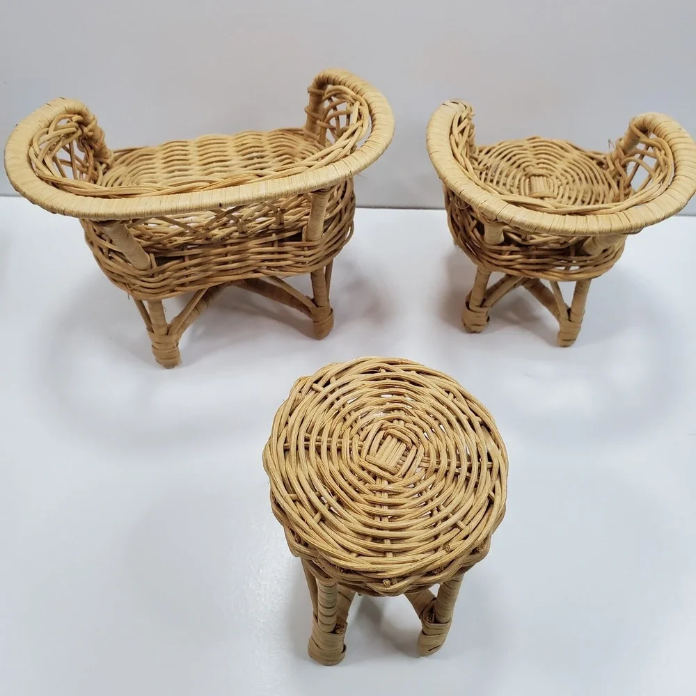 Vintage Doll Furniture Wicker Rattan Patio Set Sofa Chair (FLAW) Table Lot of 3